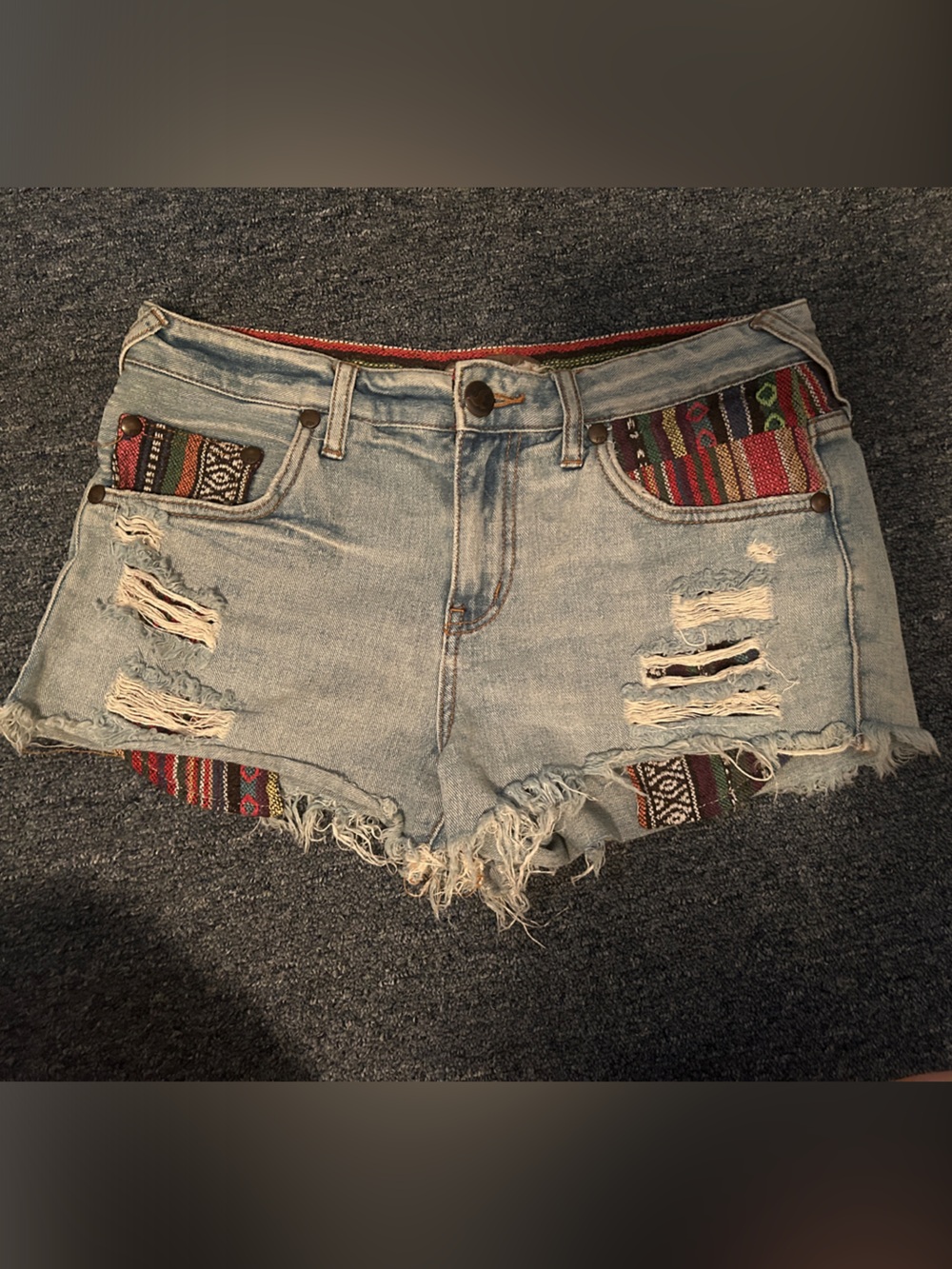 Free People FP Distressed Aztec Inset Denim Shorts Boho Festival Size 28